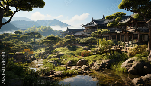 Ancient pagoda stands in tranquil Japanese garden, surrounded by nature generated by AI © Jemastock