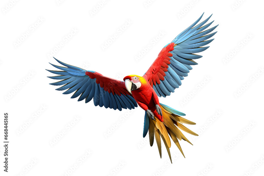 Fototapeta premium colorful scarlet macaw parrot flying beautifully isolated on a transparent background. Generative AI