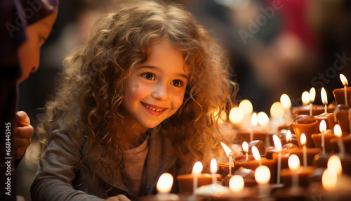 Smiling child holds candle, spreading happiness and love in celebration generated by AI