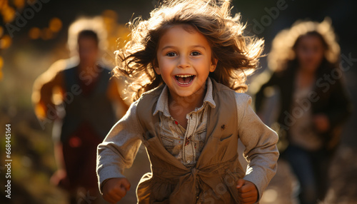 Smiling child playing outdoors, enjoying nature with carefree family generated by AI