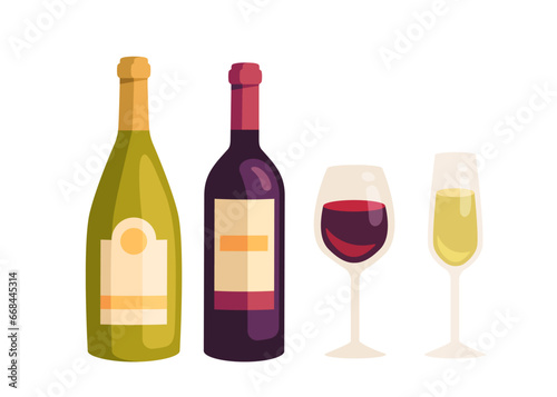 Wine production set. Luxury bottles and glasses with alcoholic drinks. Beverage and tasty liquid. Menu cafe or restaurant. Cartoon flat vector collection isolated on white background