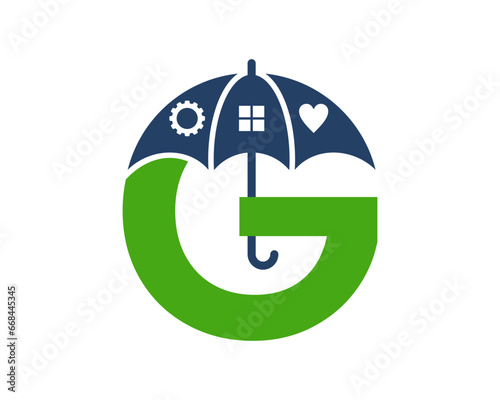 G Letter holding umbrella insurance vector logo