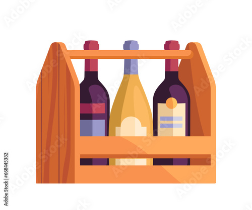 Wine production set. Wooden shelf with bottles with alcoholic drinks. Beverage and tasty liquid. Graphic element for website. Cartoon flat vector illustration isolated on white background
