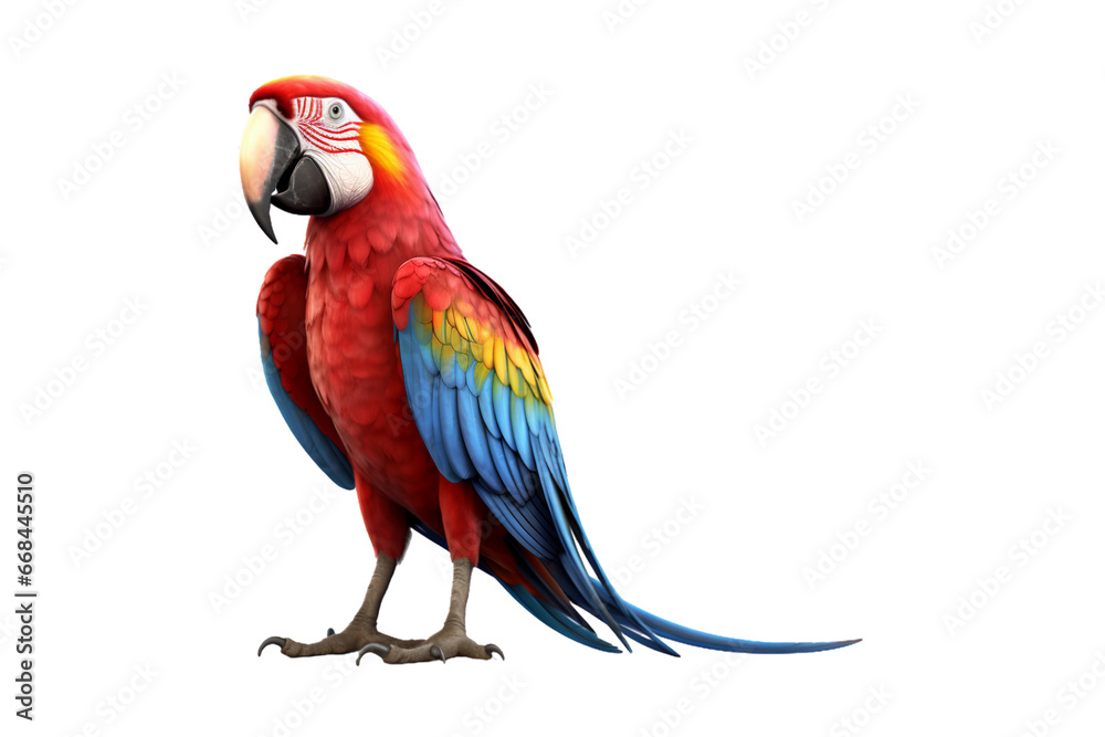 Fototapeta premium side view full body of scarlet red macaw bird standing isolated on a transparent background. Generative AI