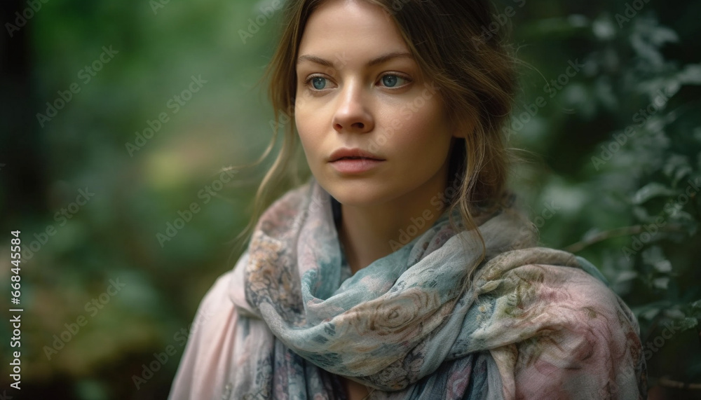 Beautiful young woman exudes confidence and elegance in nature beauty generated by AI Beautiful young woman exudes confidence and elegance in nature beauty generated by AI