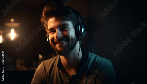 Confident young adult enjoys nightlife with headphones in nightclub generated by AI