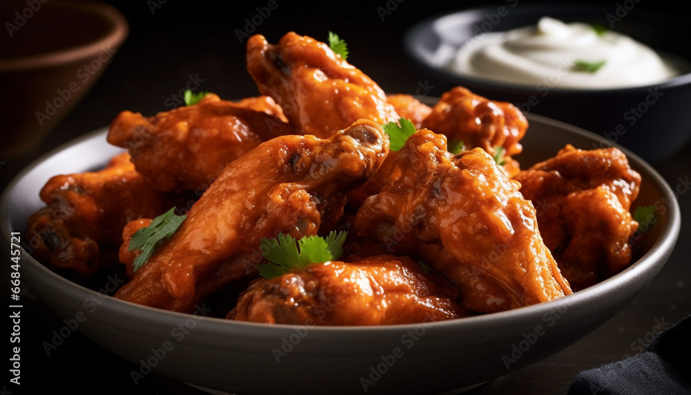Grilled buffalo chicken wings with savory sauce, a gourmet appetizer generated by AI