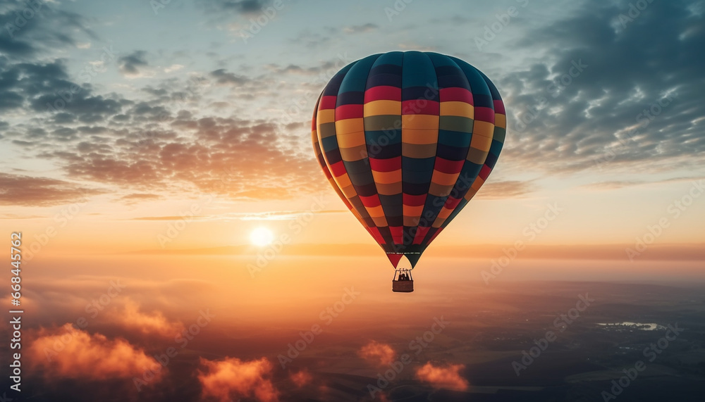 Levitating men enjoy adventure in multi colored hot air balloon generated by AI