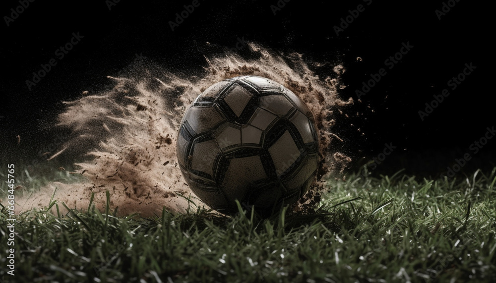 Fototapeta premium Playing soccer on a grassy field under the night sky generated by AI