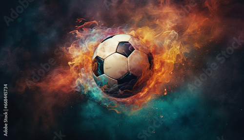 Soccer ball glowing with flames, a majestic wave of success generated by AI