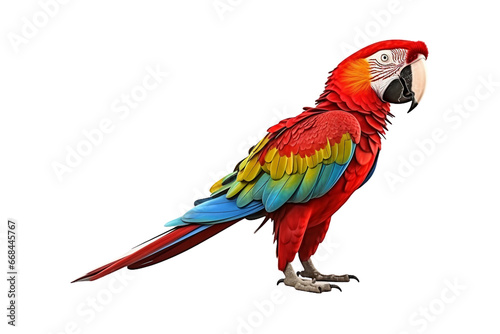 side view full body of scarlet red macaw bird standing isolated on a transparent background. Generative AI © Breyenaiimages