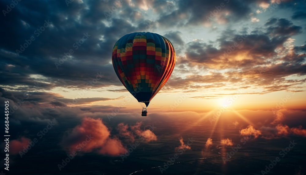 Hot air balloon flying high up in multi colored sky generated by AI