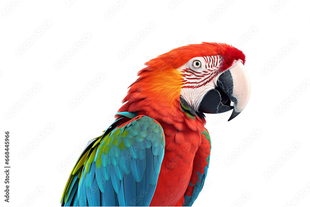 close up of colorful scarlet macaw parrot isolated on a transparent background. Generative AI