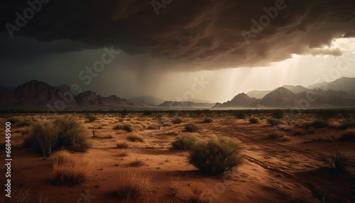 Panoramic sunset over majestic mountain range in arid wilderness area generated by AI