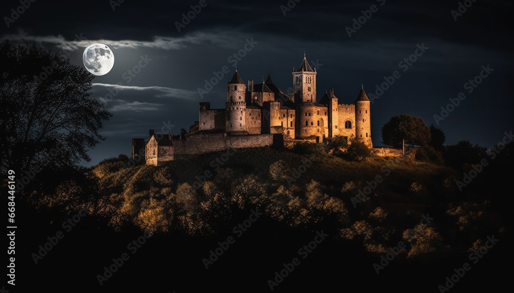 Medieval ruin illuminated by moonlight, a spooky gothic silhouette generated by AI