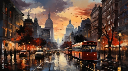 Enchanting evening streets, nostalgic trams glide, majestic architectural marvels stand tall. 