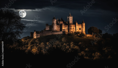 Medieval ruin illuminated by moonlight, a spooky gothic silhouette generated by AI