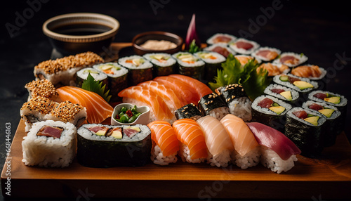 Fresh seafood meal on wooden plate, rolled up maki sushi generated by AI