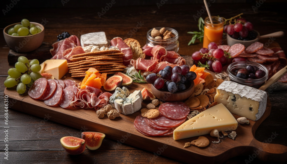 Variety of gourmet cheeses and meats on rustic wooden tray generated by AI