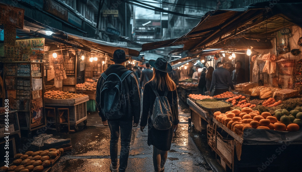 Night market vendors selling fresh fruit and vegetables outdoors generated by AI