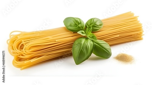 Spaghetti and basil isolated on white background. With clipping path.