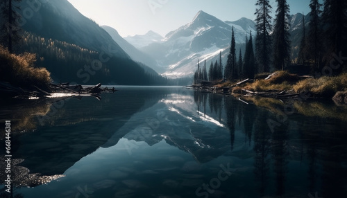 Majestic mountain range reflects natural beauty in tranquil scene generated by AI