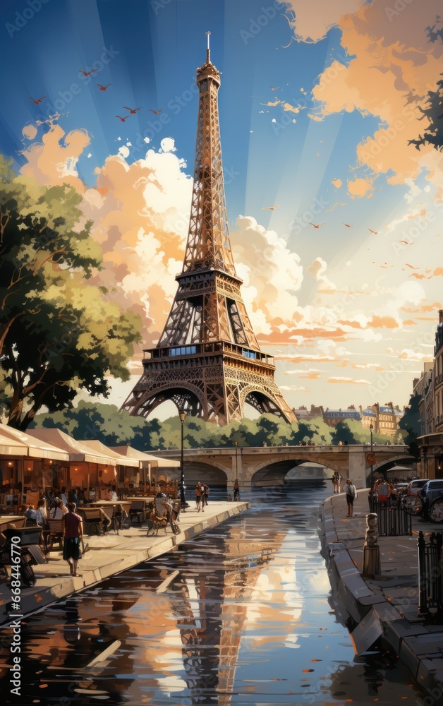 A mesmerizing view of the Eiffel Tower basked in golden sunlight, reflecting off a tranquil river alongside quaint cafes.

