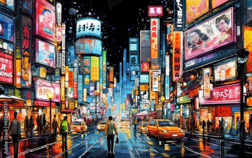 Electric atmosphere of a city street, brought to life with glowing advertisements and the hustle of urban life. © Liana
