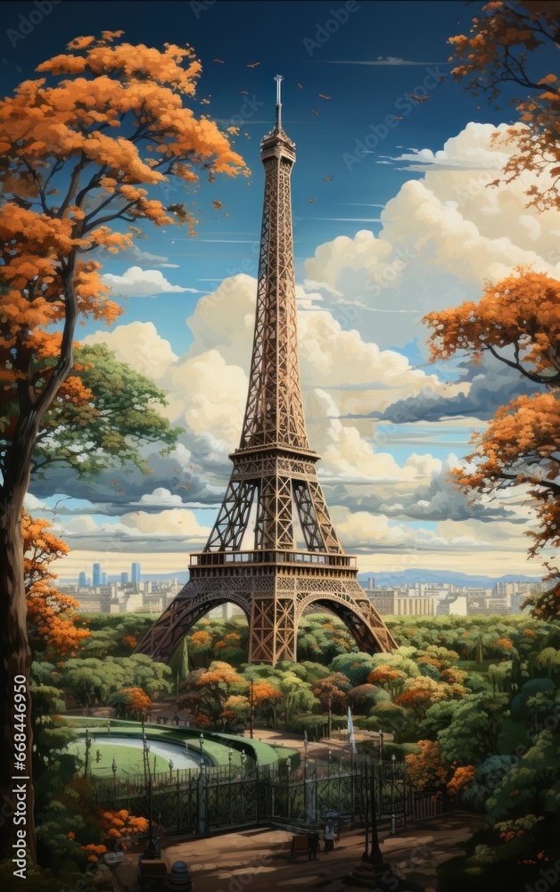 Captivating view of the Eiffel Tower amidst flourishing autumn trees, under a blue sky dotted with fluffy clouds