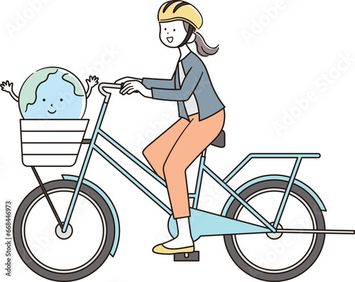 ヘルメットを被って自転車をこぐ女性と地球のイラスト素材