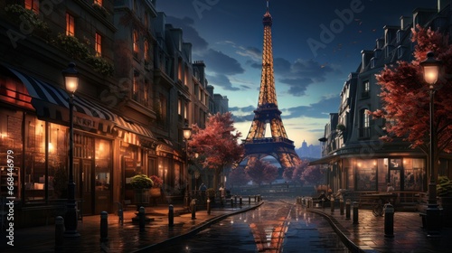 Romantic evening ambiance of Paris with the iconic Eiffel Tower illuminated, surrounded by classic architecture and street lights.