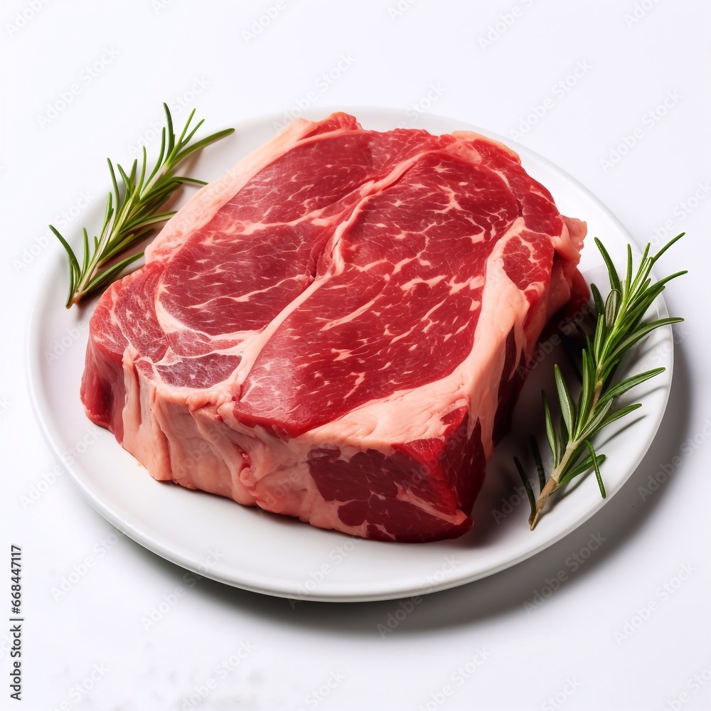 A image of Raw T bone steak with rosemary and peppercorns on white background Generative AI