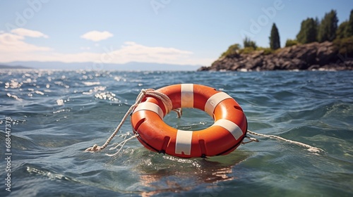 A photo of Lifebuoy floating in the sea on a sunny summer day safe concept. Generative AI
