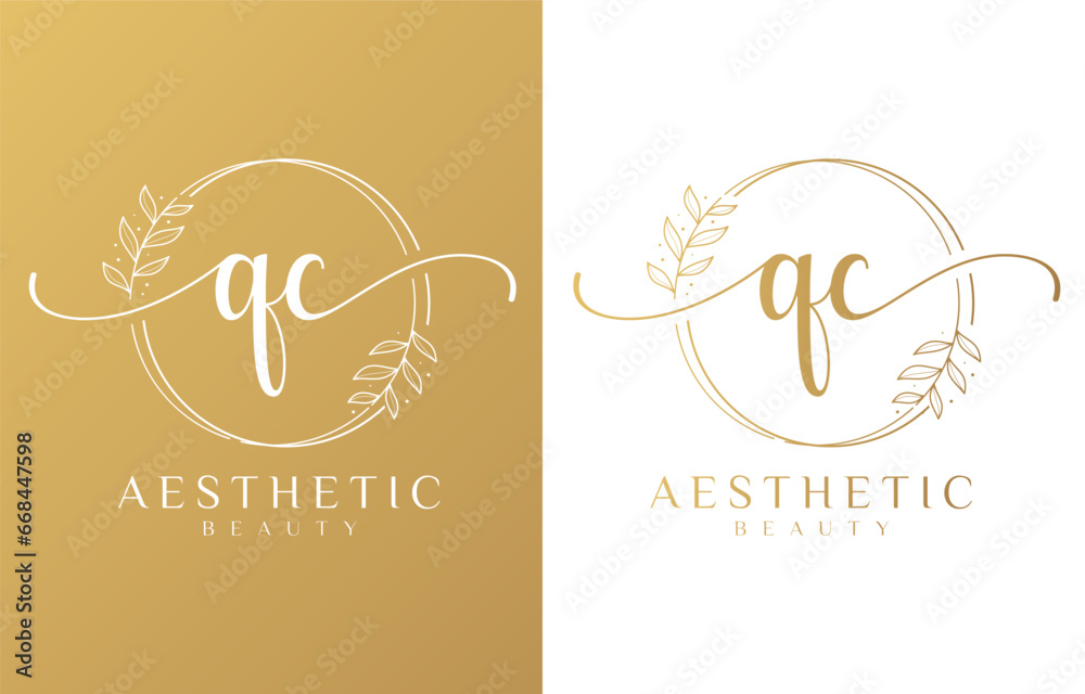 Letter QC Beauty Logo with Flourish Ornament Letter QC Beauty Logo with Flourish Ornament