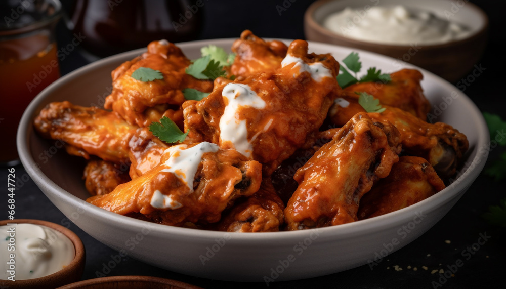 Grilled buffalo chicken wings with savory sauce on crockery plate generated by AI Grilled buffalo chicken wings with savory sauce on crockery plate generated by AI