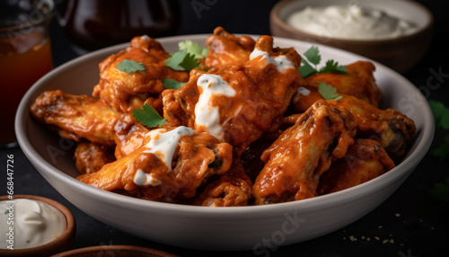Grilled buffalo chicken wings with savory sauce on crockery plate generated by AI