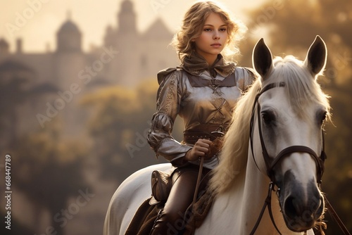 Beautiful girl in medieval costume with white horse on background of castle Generative AI