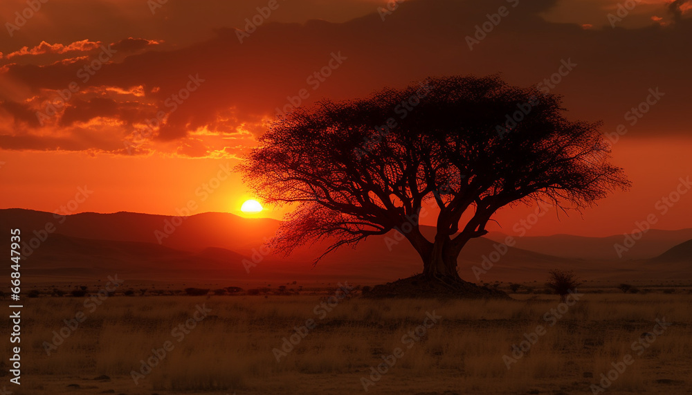 Golden savannah sunset, acacia tree silhouette, tranquil wilderness beauty generated by AI