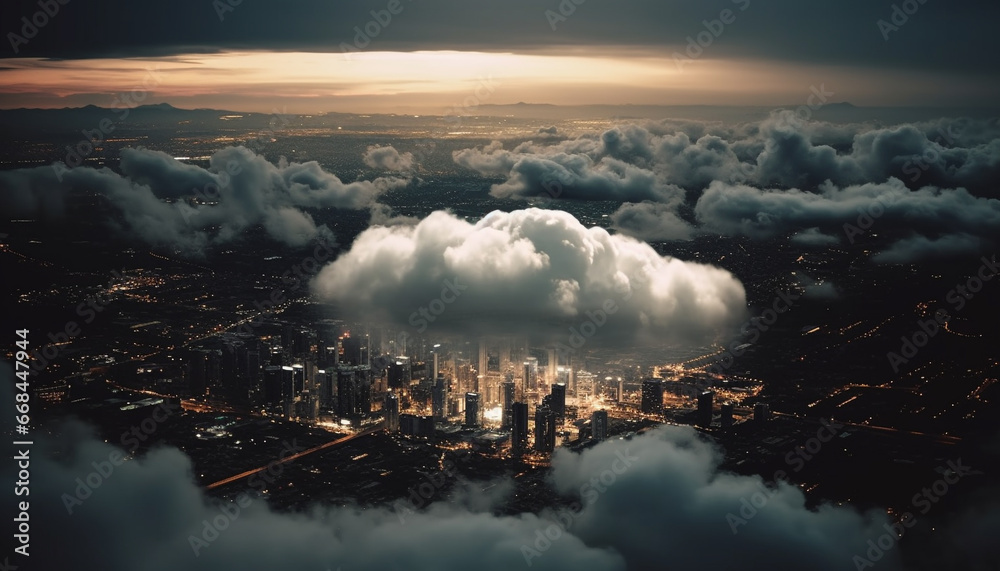 City life at dusk panoramic skyline, illuminated skyscrapers, dramatic sky generated by AI