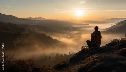 One person meditating on mountain peak at sunrise, tranquility reigns generated by AI