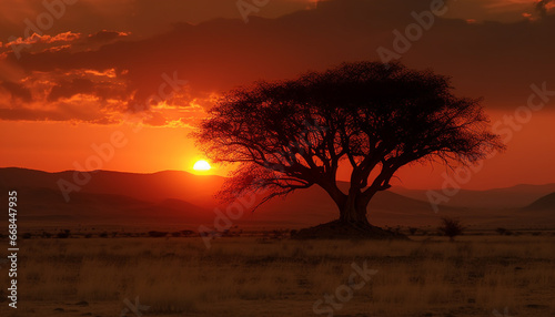 Golden savannah sunset, acacia tree silhouette, tranquil wilderness beauty generated by AI