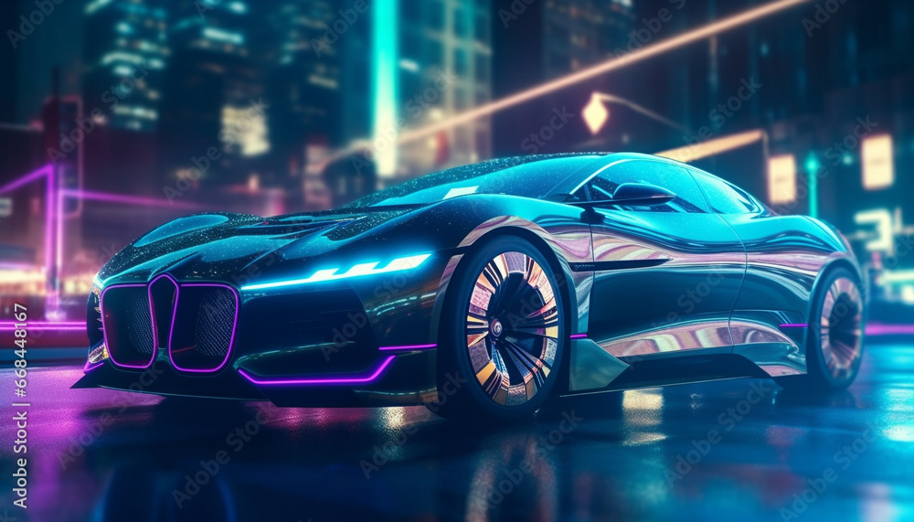 Modern sports car speeds through city, illuminated by futuristic headlights generated by AI