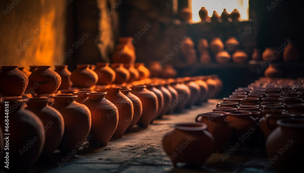 A row of ancient terracotta jars, handmade by indigenous potters generated by AI - obrazy, fototapety, plakaty 
