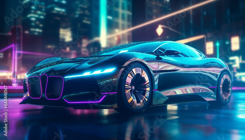 Modern sports car speeds through city, illuminated by futuristic headlights generated by AI © Stockgiu