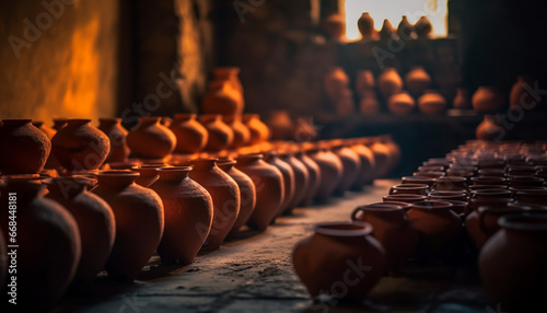 A row of ancient terracotta jars, handmade by indigenous potters generated by AI