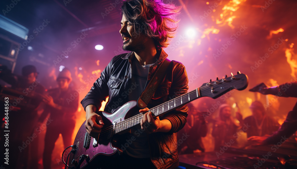 Obraz premium Young adults playing guitars on stage at a rock concert generated by AI
