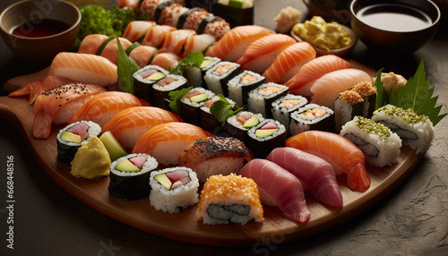 Fresh seafood plate nigiri, sashimi, maki sushi, rolled up with avocado generated by AI