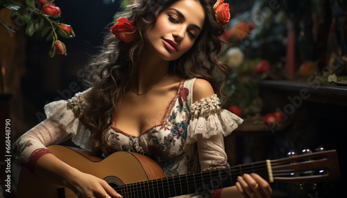 A beautiful young woman playing guitar, smiling, indoors, enjoying music generated by AI