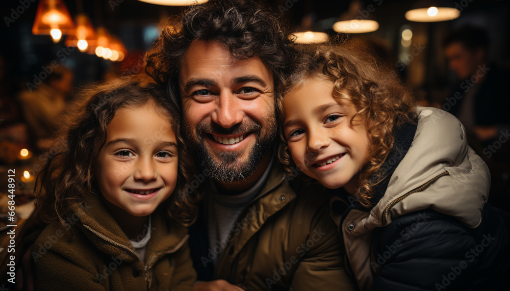 Smiling family embraces winter joy, love, and togetherness outdoors generated by AI