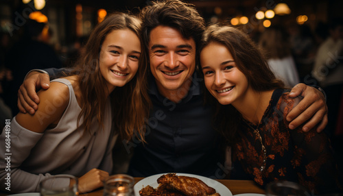 Young adults enjoying a cheerful night out  smiling and laughing generated by AI